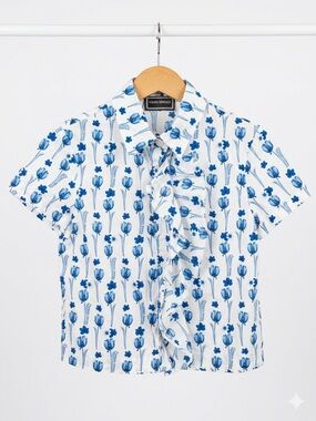 Versace White with Blue Floral Ruffle Short Sleeve Button-Down